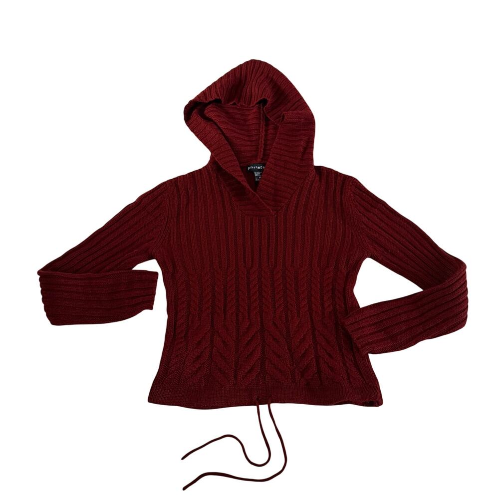 VTG Y2K 2000s Red Wool Cable Knit Hooded Sweater M